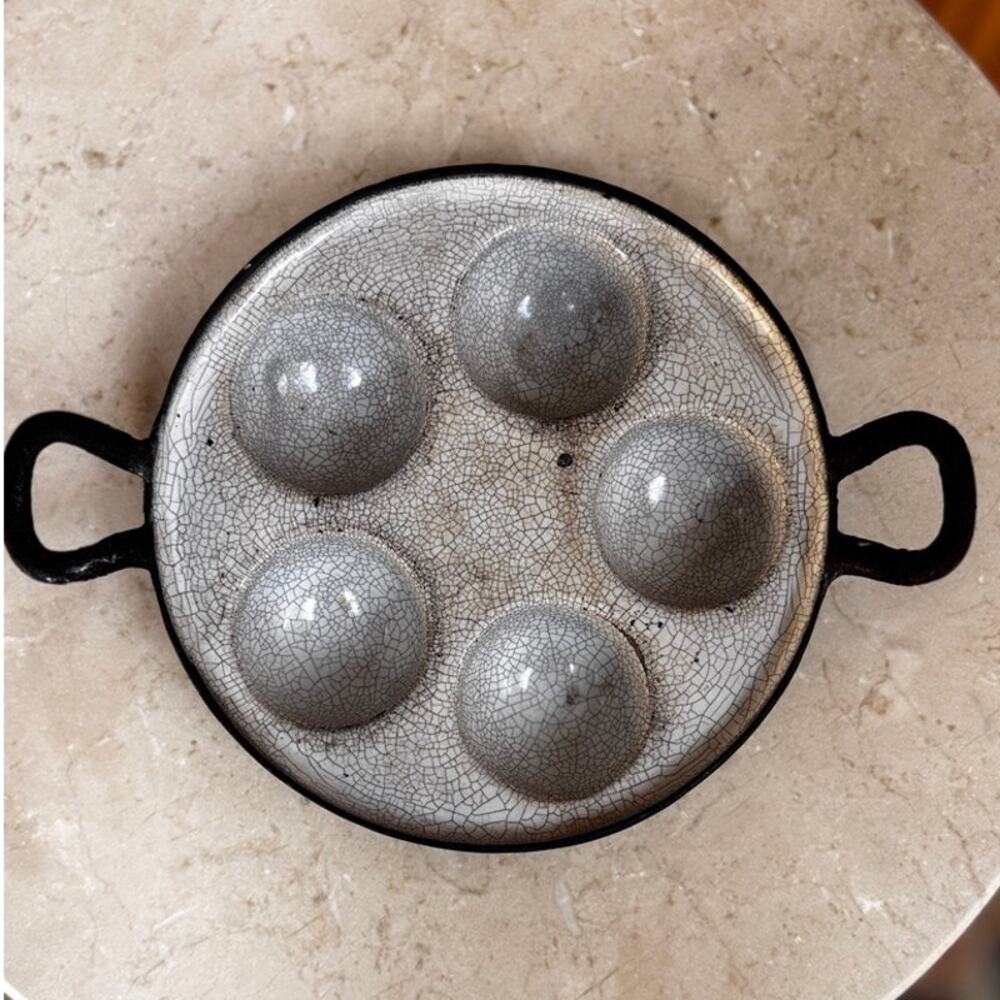 Vintage Gray Crackle Enamel Cast Iron Escargot Pan 5 Hole Aebleskiver Dish